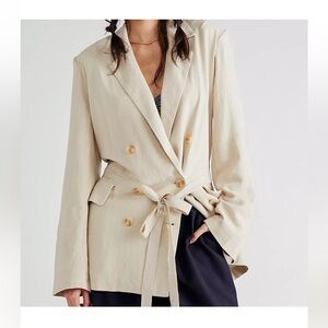 FREE PEOPLE Olivia Double-Breasted Linen Blend Tie Waist Blazer